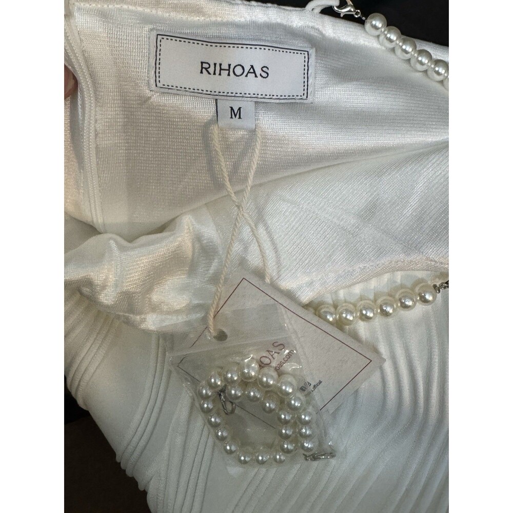 RIHOAS White Pearl Strap Wavy Long Bodycon Dress Straight Neck Sleeveless Size M - Picture 5 of 11